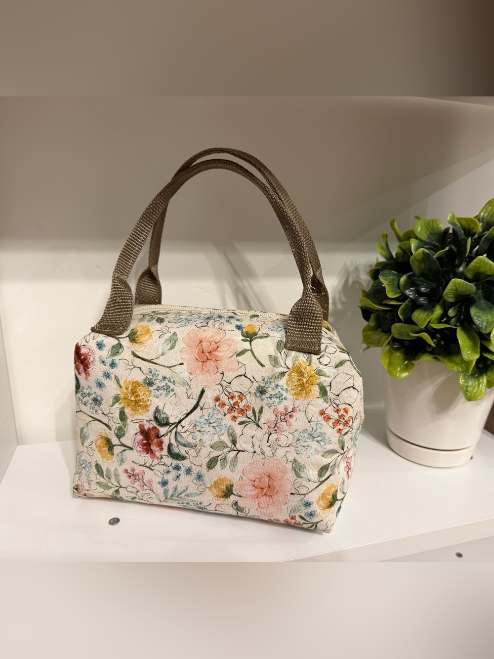 Floral Cosmetic Carry-All Bag in Cream with Brown Handles